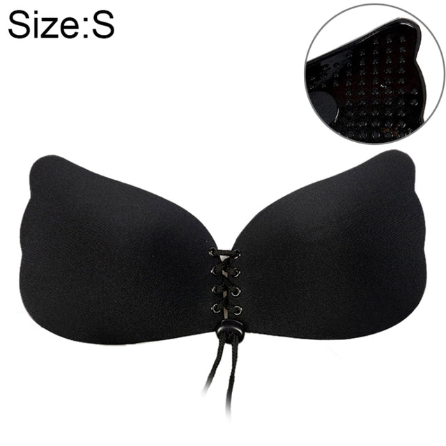 Women Self-Adhesive Strapless Bandage Blackless Solid Bra Silicone Underwear Invisible Bra, Size:S (T Black)