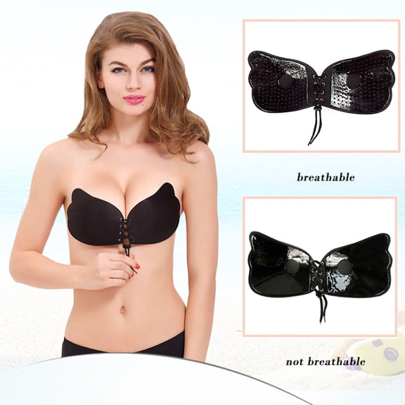 Women Self-Adhesive Strapless Bandage Blackless Solid Bra Silicone Underwear Invisible Bra, Size:L (T Black)