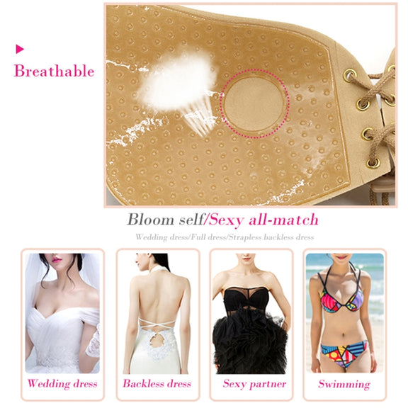 Women Self-Adhesive Strapless Bandage Blackless Solid Bra Silicone Underwear Invisible Bra, Size:L (T Black)