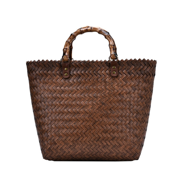 Retro Large-Capacity Bamboo Portable Straw Beach Bag(Brown)