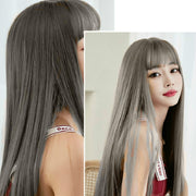 Female Black Long Straight Wig With Air Bangs(Cold Brown (Solid Color) 58CM)
