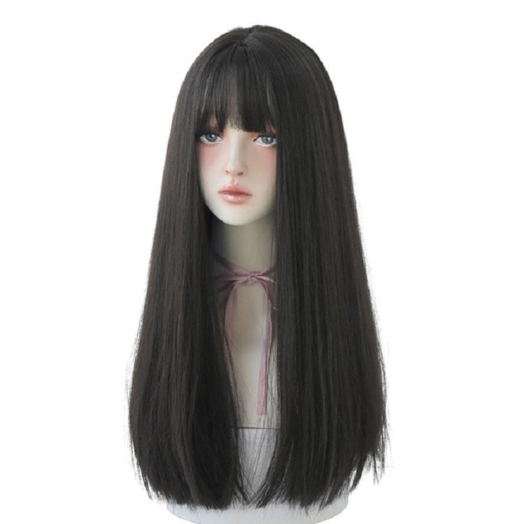 Female Black Long Straight Wig With Air Bangs(Cold Brown (Solid Color) 58CM) - free shipping - PMC TechLife - Order now!