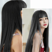 Female Black Long Straight Wig With Air Bangs(Black Brown (Solid Color) 58CM)