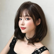 Female Short Hair With Bangs Wig Suitable For Round Face Shoulder Buckle Hair, Color:Chocolate Color 40CM