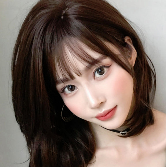Female Short Hair With Bangs Wig Suitable For Round Face Shoulder Buckle Hair, Color:Chocolate Color 40CM