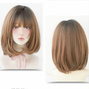Female Short Hair With Bangs Wig Suitable For Round Face Shoulder Buckle Hair, Color:Honey Pudding Black Top 40CM