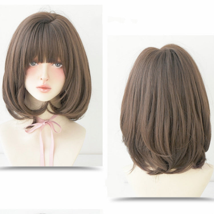 Female Short Hair With Bangs Wig Suitable For Round Face Shoulder Buckle Hair, Color:Cold Brown 40CM