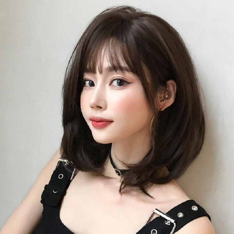 Female Short Hair With Bangs Wig Suitable For Round Face Shoulder Buckle Hair, Color:Black Brown 40CM