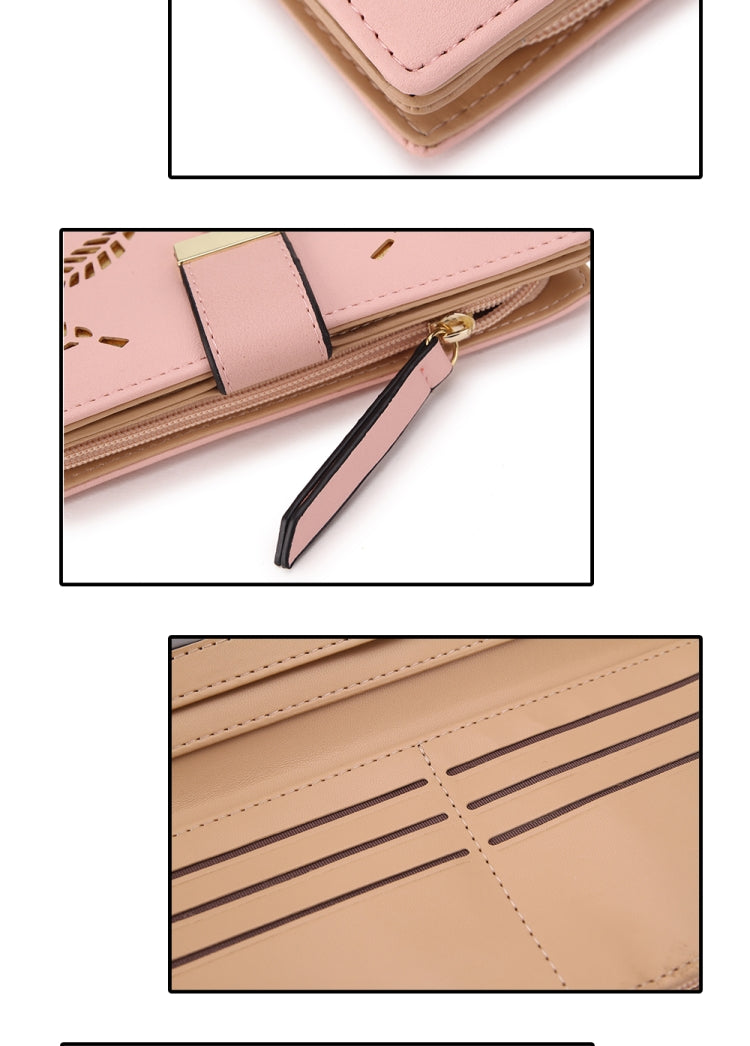 Long Gold Hollow Leaves Coin Purse Card Holders Wallet for Women(Black)