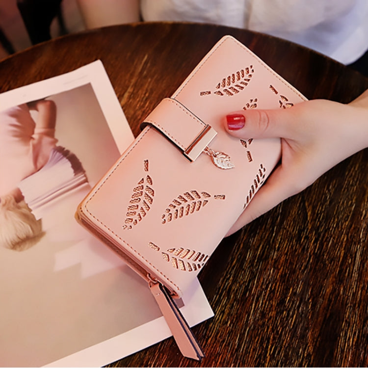Long Gold Hollow Leaves Coin Purse Card Holders Wallet for Women(Black)