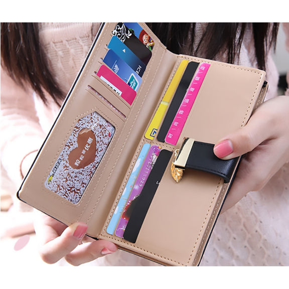 Long Gold Hollow Leaves Coin Purse Card Holders Wallet for Women(Black)