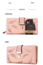 Long Gold Hollow Leaves Coin Purse Card Holders Wallet for Women(Black)