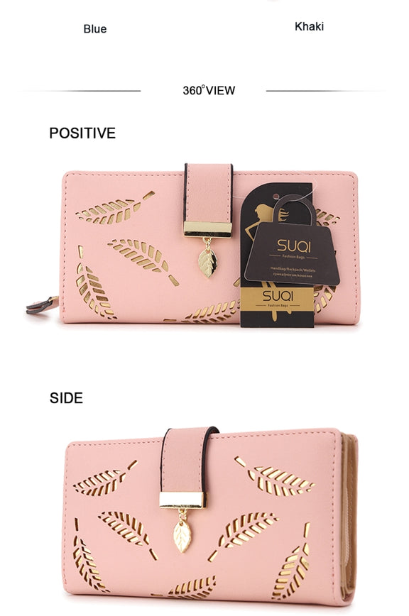 Long Gold Hollow Leaves Coin Purse Card Holders Wallet for Women(Black)