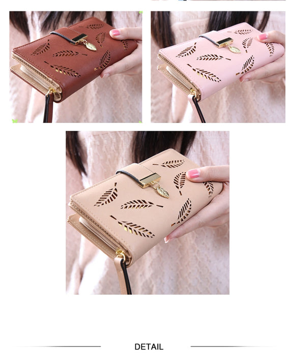 Long Gold Hollow Leaves Coin Purse Card Holders Wallet for Women(Black)