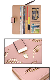 Long Gold Hollow Leaves Coin Purse Card Holders Wallet for Women(Black)