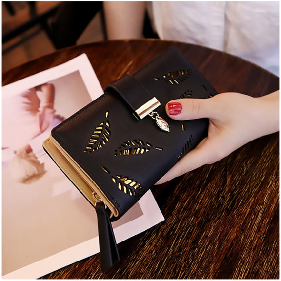 Long Gold Hollow Leaves Coin Purse Card Holders Wallet for Women(Apricot)