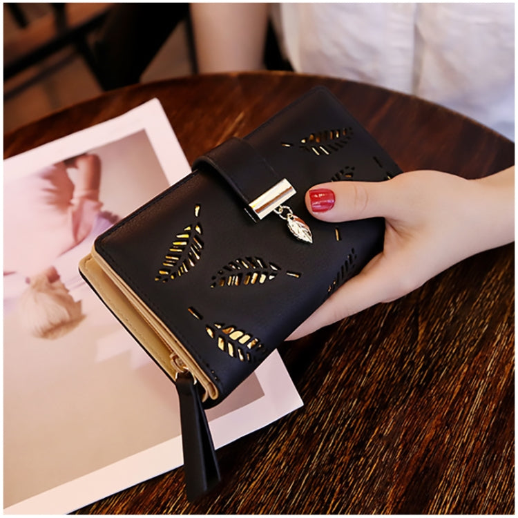 Long Gold Hollow Leaves Coin Purse Card Holders Wallet for Women(Apricot)