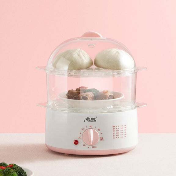 LINGRUI Timer Mini Multi-Function Egg Cooker Automatic Power Off Home Breakfast Machine, CN Plug, Specification:Double Layers(Pink)