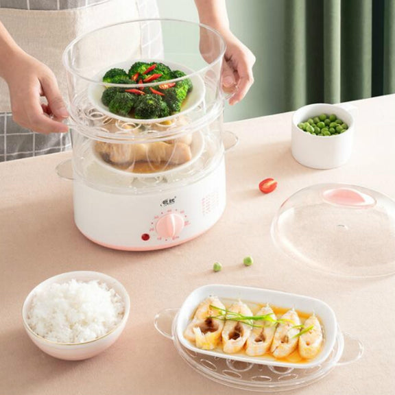 LINGRUI Timer Mini Multi-Function Egg Cooker Automatic Power Off Home Breakfast Machine, CN Plug, Specification:Double Layers(Pink)