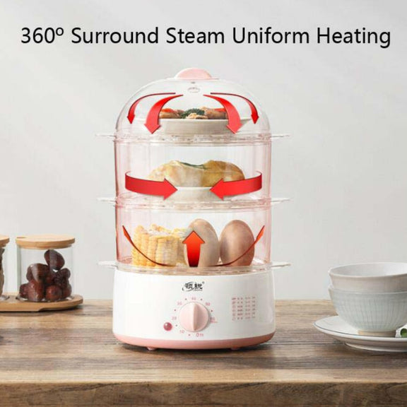 LINGRUI Timer Mini Multi-Function Egg Cooker Automatic Power Off Home Breakfast Machine, CN Plug, Specification:Double Layers(Pink)