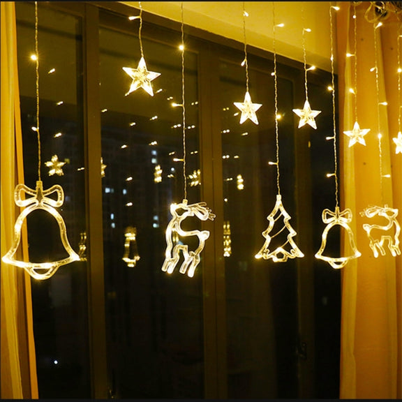 LED Curtain Lights Christmas Decoration Bell And Deer String Lights, Power Supply:Battery Box with RC(Warm White Light)