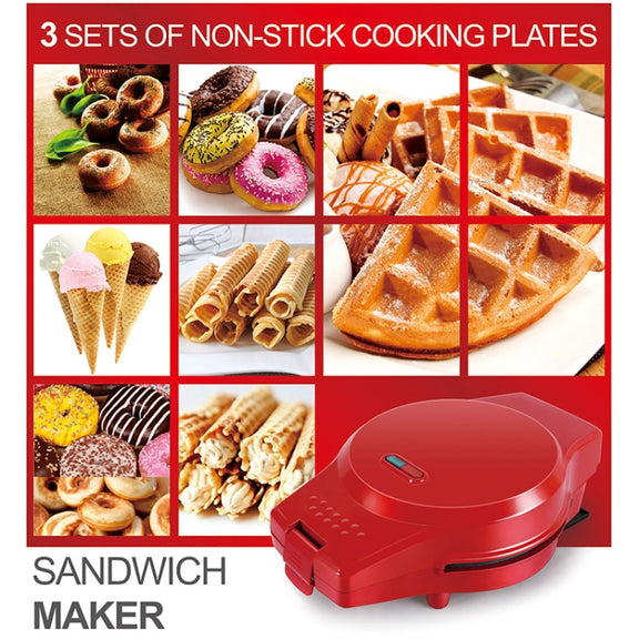 3-in-1 Multi-Function Eleictric Baking Pan Breakfast Maker Donut Sandwich Waffle Maker Pizza Maker, EU Plug