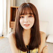 Realistic Long Straight Hair Wig Synthetic Fiber Headgear For Women, Style:Short Cold Brown 45CM