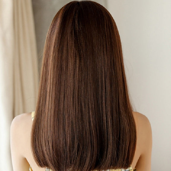 Realistic Long Straight Hair Wig Synthetic Fiber Headgear For Women, Style:Short Cold Brown 45CM