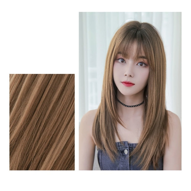 Ladies Long Straight Hair Air Bangs Wig Hair Set, Colour: Cool Brown