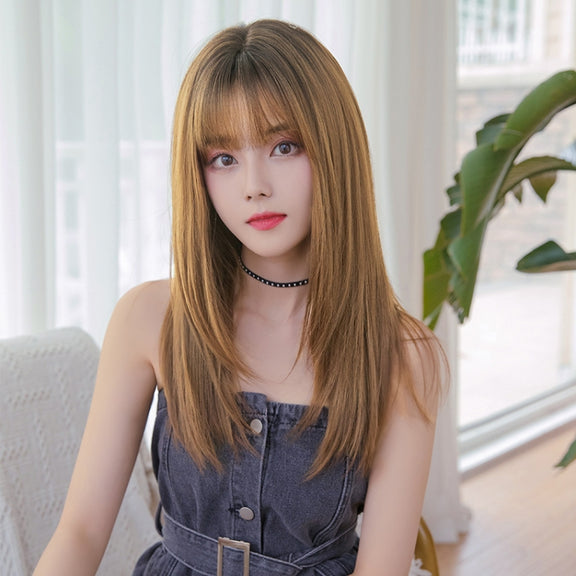 Ladies Long Straight Hair Air Bangs Wig Hair Set, Colour: Cool Brown
