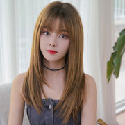 Ladies Long Straight Hair Air Bangs Wig Hair Set, Colour: Cool Brown