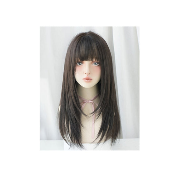 Ladies Long Straight Hair Air Bangs Wig Hair Set, Colour: Black Brown