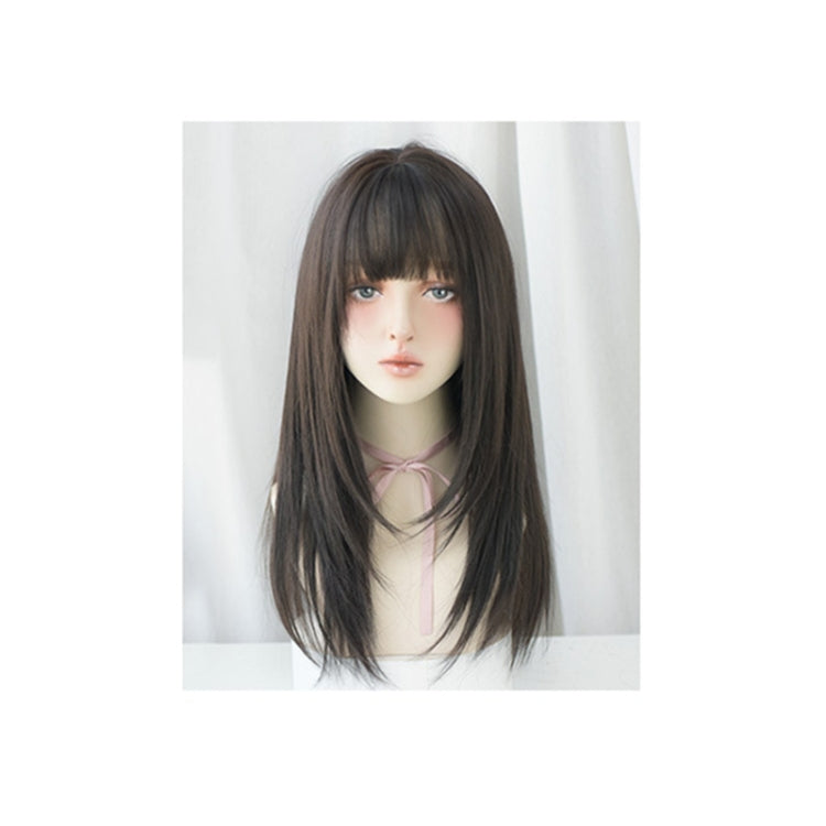 Ladies Long Straight Hair Air Bangs Wig Hair Set, Colour: Black Brown