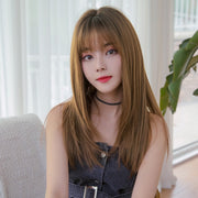Ladies Long Straight Hair Air Bangs Wig Hair Set, Colour: Black Brown