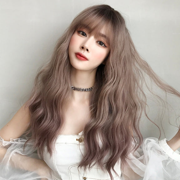 Ladies Long Hair Slightly Curly Wig Natural Fluffy Hair Cover, Color:Gradient Soot Pink