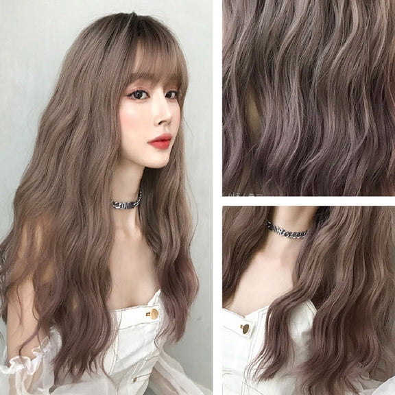 Ladies Long Hair Slightly Curly Wig Natural Fluffy Hair Cover, Color:Gradient Soot Pink