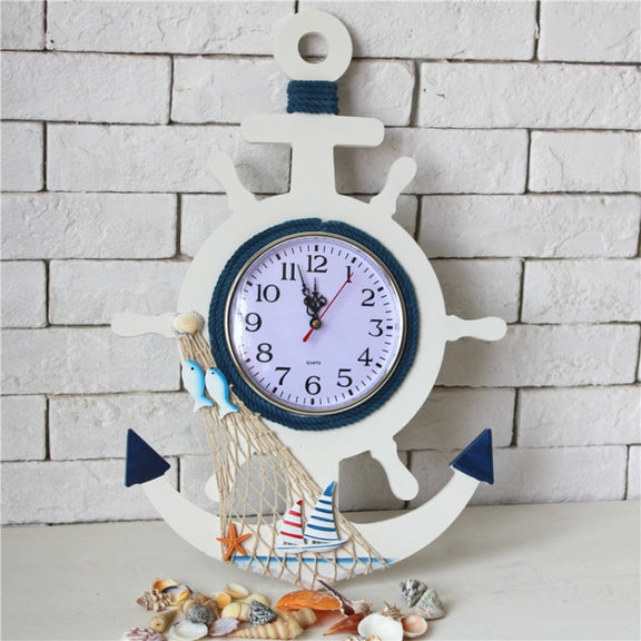 Mediterranean Style Blue And White Rudder Clock Wall Clock Home Living Room Bedroom Decoration Wooden Crafts, Style:Pisces