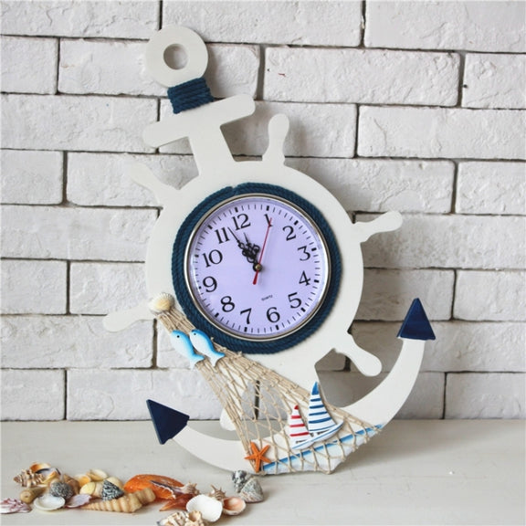 Mediterranean Style Blue And White Rudder Clock Wall Clock Home Living Room Bedroom Decoration Wooden Crafts, Style:Pisces