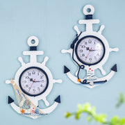 Mediterranean Style Blue And White Rudder Clock Wall Clock Home Living Room Bedroom Decoration Wooden Crafts, Style:Sailing