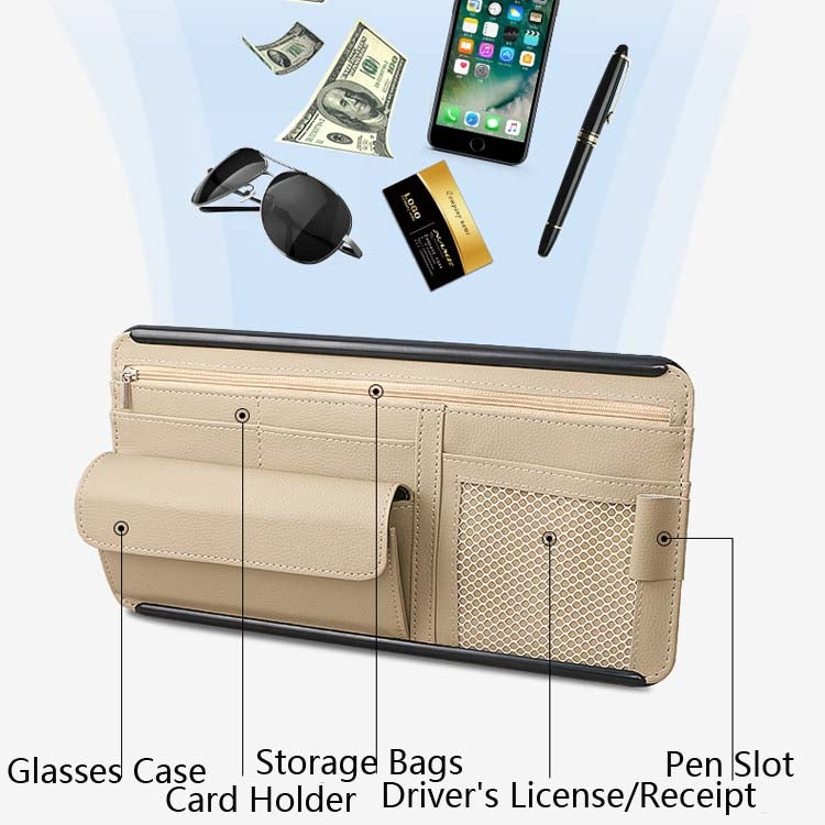 Car Sun Block Glasses Case Document Holder Car Plastic Frame Zipper Type Multi-Function Card Bag Storage Bag(Beige)