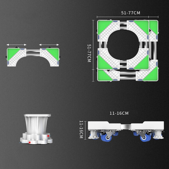 Double Tubes 4 Wheels + 4 Legs Adjustable Stainless Steel Refrigerator Bracket Washing Machine Base Bracket