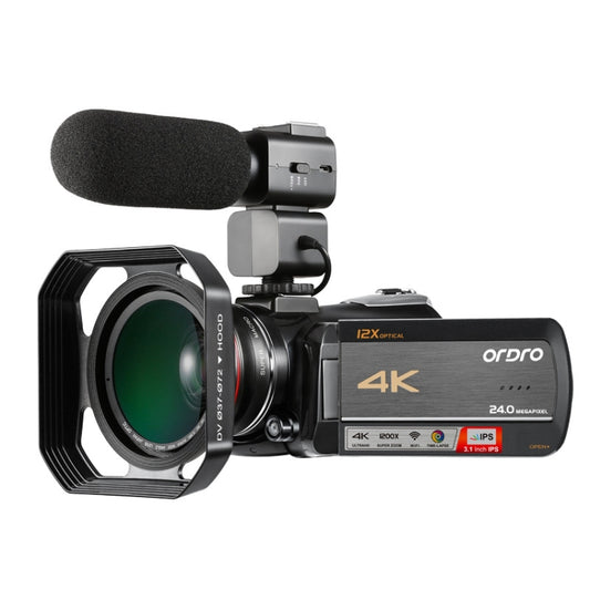 ORDRO AC5 4K HD Night Vision WiFi 12X Optical Zoom Digital Video DV Camera Camcorder, Style:Standard + Microphone(Black) - free shipping - PMC Jewellery - Order now!