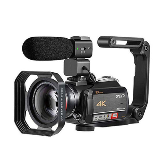 ORDRO AC5 4K HD Night Vision WiFi 12X Optical Zoom Digital Video DV Camera Camcorder, Style:Standard + Microphone + Handheld Stand(Black)