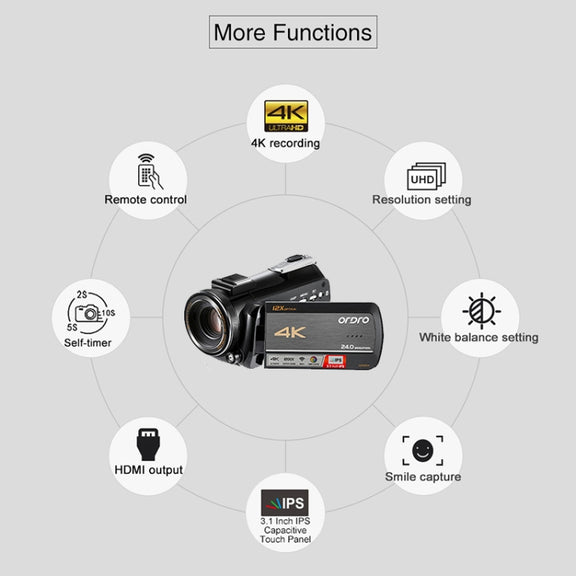 ORDRO AC5 4K HD Night Vision WiFi 12X Optical Zoom Digital Video DV Camera Camcorder, Style:Standard + Microphone + Handheld Stand(Black)