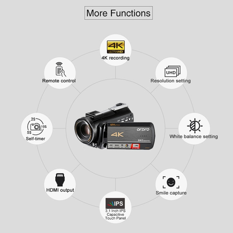 ORDRO AC5 4K HD Night Vision WiFi 12X Optical Zoom Digital Video DV Camera Camcorder, Style:Standard + Microphone + Handheld Stand(Black)