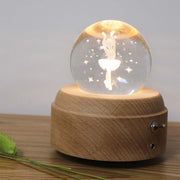 Girl Bedside Lamp Crystal Ball Wooden Base Music Box Charging Glow Rotating Night Light, Random Music(Ballet)