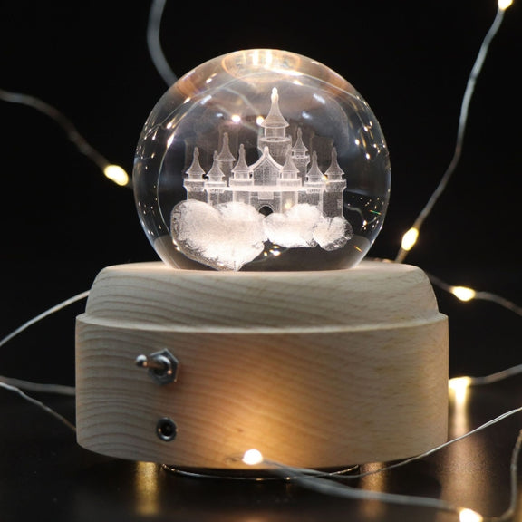 Girl Bedside Lamp Crystal Ball Wooden Base Music Box Charging Glow Rotating Night Light, Random Music(Castle)