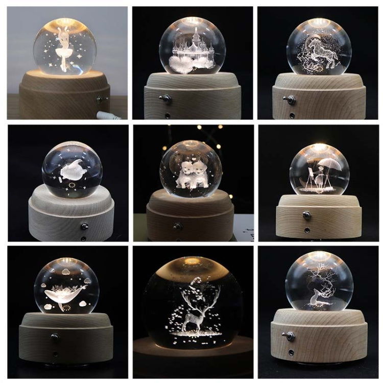 Girl Bedside Lamp Crystal Ball Wooden Base Music Box Charging Glow Rotating Night Light, Random Music(Deer Head)