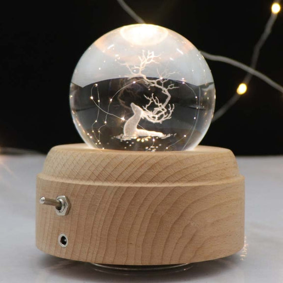 Girl Bedside Lamp Crystal Ball Wooden Base Music Box Charging Glow Rotating Night Light, Random Music(Deer Head)