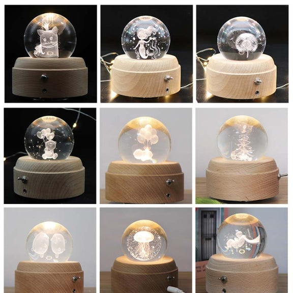 Girl Bedside Lamp Crystal Ball Wooden Base Music Box Charging Glow Rotating Night Light, Random Music(Cat)